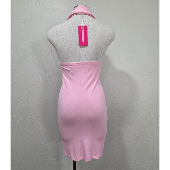 Pink Bodycon Ribbed Halter Button Down Dress - Picture 2 of 3